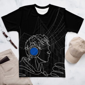 Black tee featuring a line-art design of a man with blue headphones, embodying a sleek, modern aesthetic.