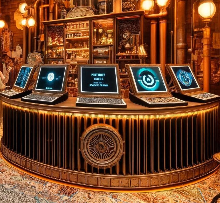 “Futuristic 1920s Steampunk Computer Store”