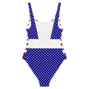 A one-piece swimsuit featuring red and white stripes on the top with a central blue star and a blue star-spangled design on the bottom.