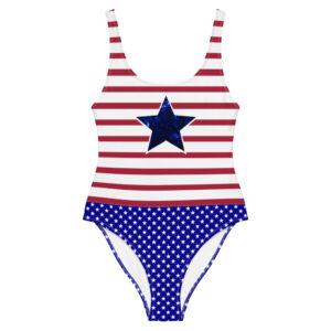 A one-piece swimsuit featuring red and white stripes on the top with a central blue star and a blue star-spangled design on the bottom.