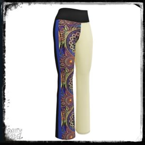 Flare leggings featuring a vibrant boho-inspired pattern on one side and a solid cream color on the other, named Boho Glamour Flare Leggings, part of the Luxury Rebel collection.