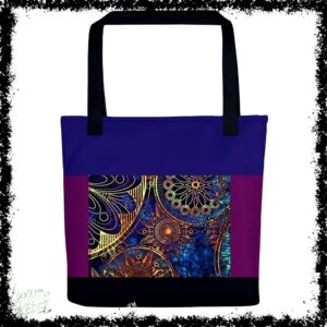 A tote bag featuring a vibrant boho-inspired design with intricate patterns in gold, blue, and purple tones, named the Boho Glamour Tote, part of the Luxury Rebel collection.