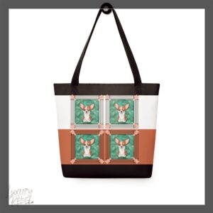 Tote bag featuring a playful design with a repeating Chihuahua dog pattern on a background of black, white, and terracotta color blocks. Named Chihuahua Charm Tote, part of the Luxury Rebel collection.