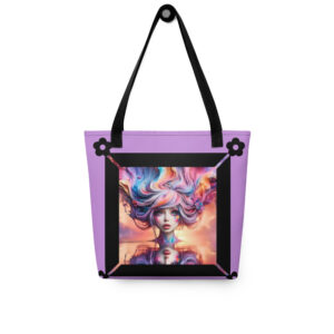 Lavender tote bag with a vibrant, colorful portrait framed by black floral accents.