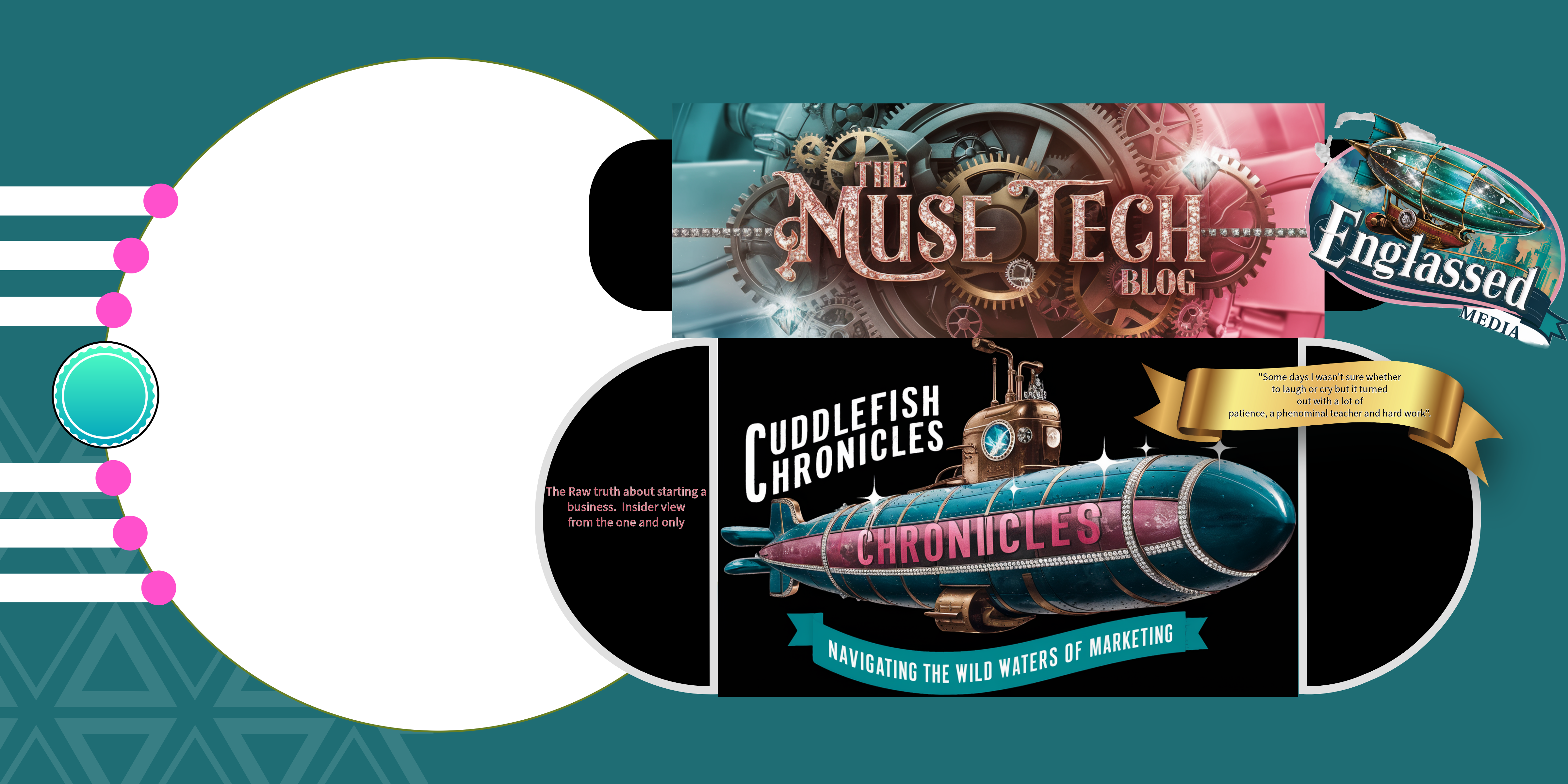 Steampunk-themed blog and media graphic featuring logos for 'The Muse Tech Blog,' 'Cuddlefish Chronicles,' and 'Englassed Media.' The design includes vintage gears, a submarine, and an airship, set against a teal background with geometric patterns. Ideal for marketing and creative industry promotions