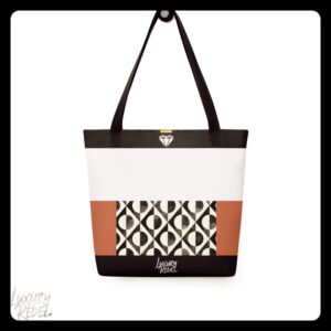 Tote bag featuring a sophisticated design with geometric patterns in black, white, and terracotta color blocks. Named Eternal Elegance Tote, part of the Luxury Rebel collection.