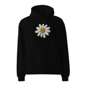 Black hoodie featuring a golden embroidered daisy in the center.