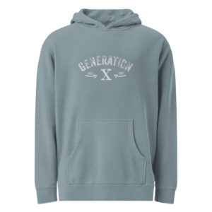 Light blue Gen X hoodie featuring a bold, vintage-inspired text design celebrating Generation X.