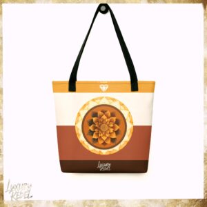 Tote bag featuring a rich design with a golden mandala and earthy color blocks in shades of orange, cream, and brown. Named Golden Mandala Luxe Tote, part of the Luxury Rebel collection.