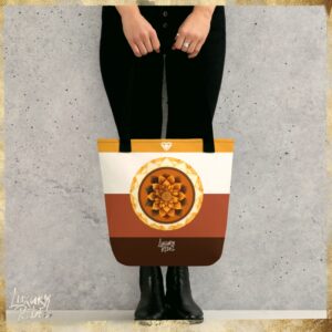 Tote bag featuring a rich design with a golden mandala and earthy color blocks in shades of orange, cream, and brown. Named Golden Mandala Luxe Tote, part of the Luxury Rebel collection.