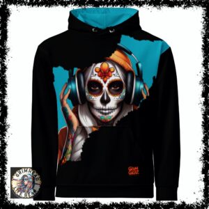 Black hoodie featuring a vibrant Grim Head Muse design with a colorful sugar skull wearing headphones, part of Grimhead.