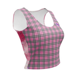 A crop top featuring a playful pink plaid design with cheeky lips on the front and a vibrant pink lace-inspired pattern on the back