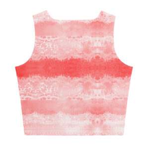 A crop top featuring a red, white, and black plaid design on the front and a soft coral lace pattern on the back.