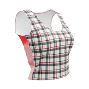 A crop top featuring a red, white, and black plaid design on the front and a soft coral lace pattern on the back.