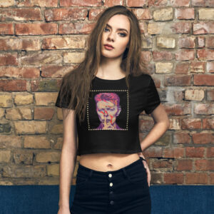 Black crop top featuring a colorful image of David Bowie on the front and a famous quote on the back, perfect for Bowie fans.