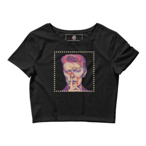 Black crop top featuring a colorful image of David Bowie on the front and a famous quote on the back, perfect for Bowie fans.