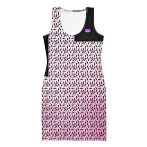 Image of a sleeveless bodycon dress with a gradient design that transitions from light pink at the top to darker pink at the bottom. The dress features a pattern of small black and pink lipstick prints across the entire back, with a black panel on the upper left shoulder and another on the right side. The dress is form-fitting and designed for a stylish, modern look.