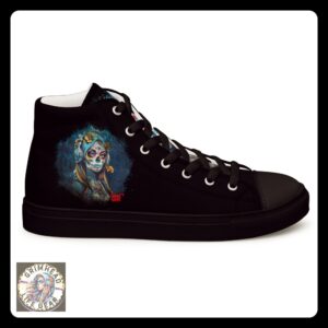 Image of a pair of high-top sneakers called "Lone Wolf Grim Girlz High-Tops." The shoes are primarily black with a dark, mystical design featuring a lone female figure with skeletal features and intricate blue detailing on the sides. The artwork embodies a rebellious and edgy aesthetic, typical of the Grim Girlz brand. The sneakers have black laces and a durable black sole, designed for both style and comfort.