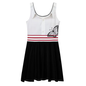 A stylish dress featuring a monarch butterfly design on the bodice with red stripes, a white top, and a black skirt, blending elegance with a playful touch.