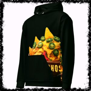 Black hoodie featuring a vibrant graphic of a bowl of nachos topped with cheese and jalapeños, with the text "Nacho" partially visible on the front. Part of the Grim Rebels branding.