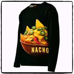 Black sweatshirt featuring a vibrant graphic of a bowl of nachos topped with cheese and jalapeños, with the text "Nacho" on the front. Part of the Grim Rebels branding.