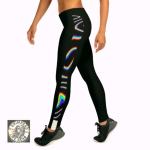 Black leggings with a vibrant rainbow prism effect, designed for a bold and dynamic look.