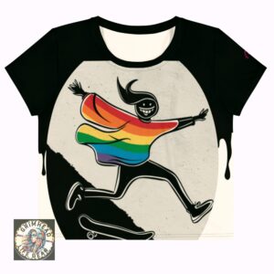 A trendy crop top featuring a bold graphic of a skateboarder with a rainbow cape, perfect for a youthful, energetic look.