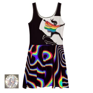 A skater dress featuring a bold black and white graphic of a skateboarder with a rainbow flag, paired with a vibrant, wavy rainbow pattern on the skirt.