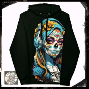 Black hoodie featuring a vibrant graphic of a sugar skull girl wearing headphones, named Rebel Grim Beatwave Hoodie, part of Grimhead Life Gear.