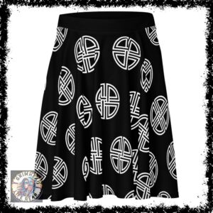 Black skater skirt featuring a bold white Celtic twist pattern, named Rebel Grim Celtic Twist Skater Skirt, part of Grimhead Life Gear.