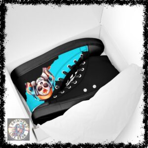 High-top sneakers featuring a vibrant sugar skull DJ graphic with a blue and black color scheme, named Rebel Grim Day of the Dead DJ Kicks, part of Grimhead Life Gear.