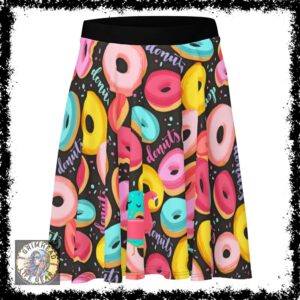 Skater skirt featuring a playful and colorful donut pattern on a black background, named Rebel Grim Donut Delight Skater Skirt, part of Grimhead Life Gear.