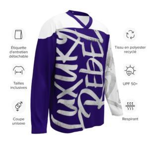 Luxury Rebel Graffiti Long Sleeve Shirt, featuring a bold graffiti-inspired "Luxury Rebel" graphic in white across the front. The shirt has a color block design with deep purple and white sections. It's made from breathable, high-quality fabric and offers a relaxed fit for comfortable and stylish wear.