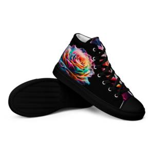 A pair of high-top sneakers featuring a striking rainbow-colored rose graphic on the sides against a black background. The shoes have black laces and a black base, offering a bold and colorful look perfect for stylish and comfortable wear.