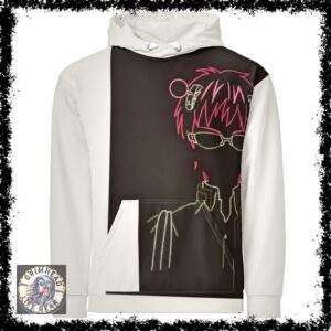 White and black hoodie featuring a vibrant neon outline design of a character with glasses and spiky hair, part of the Grimhead collection.