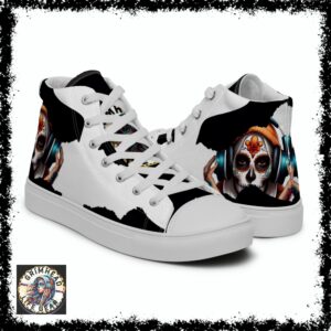 High-top sneakers featuring a black and white design with a vibrant sugar skull graphic, named Skull Candy Kicks, part of Grimhead Life Gear.