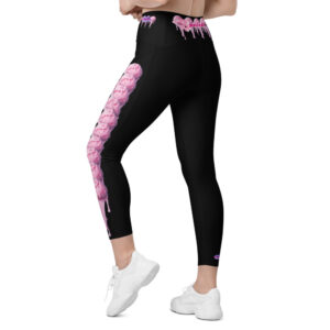 Image of black leggings called "Spoiled Ice Cream Drip Leggings," featuring a design of pink melting ice cream scoops running down the side of the leg. The leggings are form-fitting and designed for both style and comfort, making them suitable for various activities from workouts to casual wear.