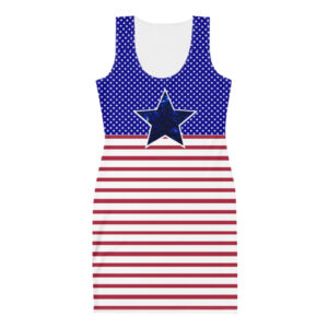 A vibrant, patriotic bodycon dress with red and white stripes, a blue starry top, and a large central star—perfect for celebrating American pride.