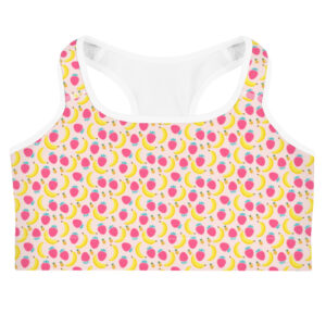 A vibrant sports bra covered in a fun fruit pattern featuring bananas, strawberries, and pineapples. Perfect for adding a splash of color to your activewear.