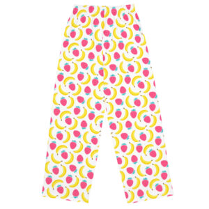 Image of wide-leg pants featuring a fun, colorful pattern of strawberries and bananas on a white background. The pants are designed for a relaxed fit, combining playful fruit-themed prints with comfort, making them perfect for casual wear or lounging.