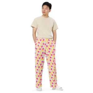 Image of wide-leg pants featuring a fun, colorful pattern of strawberries and bananas on a white background. The pants are designed for a relaxed fit, combining playful fruit-themed prints with comfort, making them perfect for casual wear or lounging.