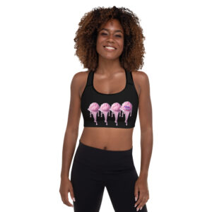 Black sports bra with a playful melting pink ice cream design, from the Sugar Rush Spoiled Ice Cream collection.