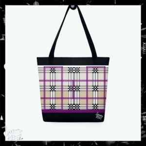 A stylish tote bag with a violet, beige, and black plaid pattern, named the Violet Checkmate Tote, part of the Luxury Rebel collection.