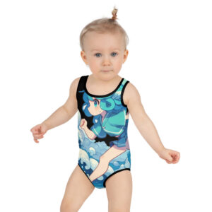 Kids' swimsuit featuring a vibrant Ponyo-inspired design with waves, perfect for playful adventures at the beach or pool.