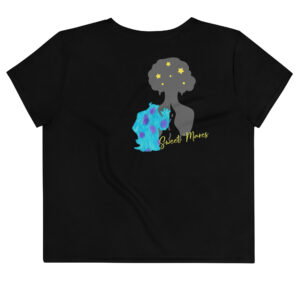 This black crop top features a fun blue and purple character on the front. The back showcases the same character next to a silhouette of a woman with stars in her hair, along with the words "Sweet Mares" in yellow script.