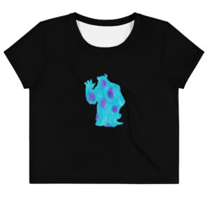 This black crop top features a fun blue and purple character on the front. The back showcases the same character next to a silhouette of a woman with stars in her hair, along with the words "Sweet Mares" in yellow script.