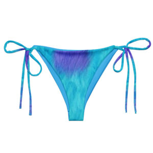 These teal-and-purple tie-dye string bikini bottoms feature side ties for an adjustable fit, inspired by a playful monster theme.