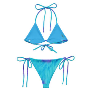 This bikini set includes a teal-and-purple tie-dye triangle top with string ties and matching adjustable string bikini bottoms. Inspired by a playful monster theme.