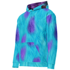 Furry blue and purple polka-dotted hoodie inspired by a famous animated monster.