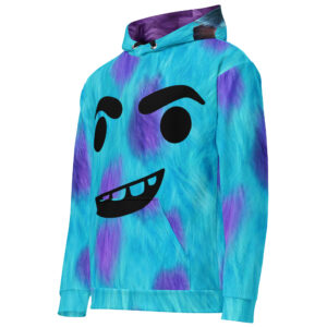 This teal hoodie with purple spots features a playful monster face on the front. Ideal for cosplay, Halloween, or casual wear, the cozy fabric is perfect for all-day comfort.